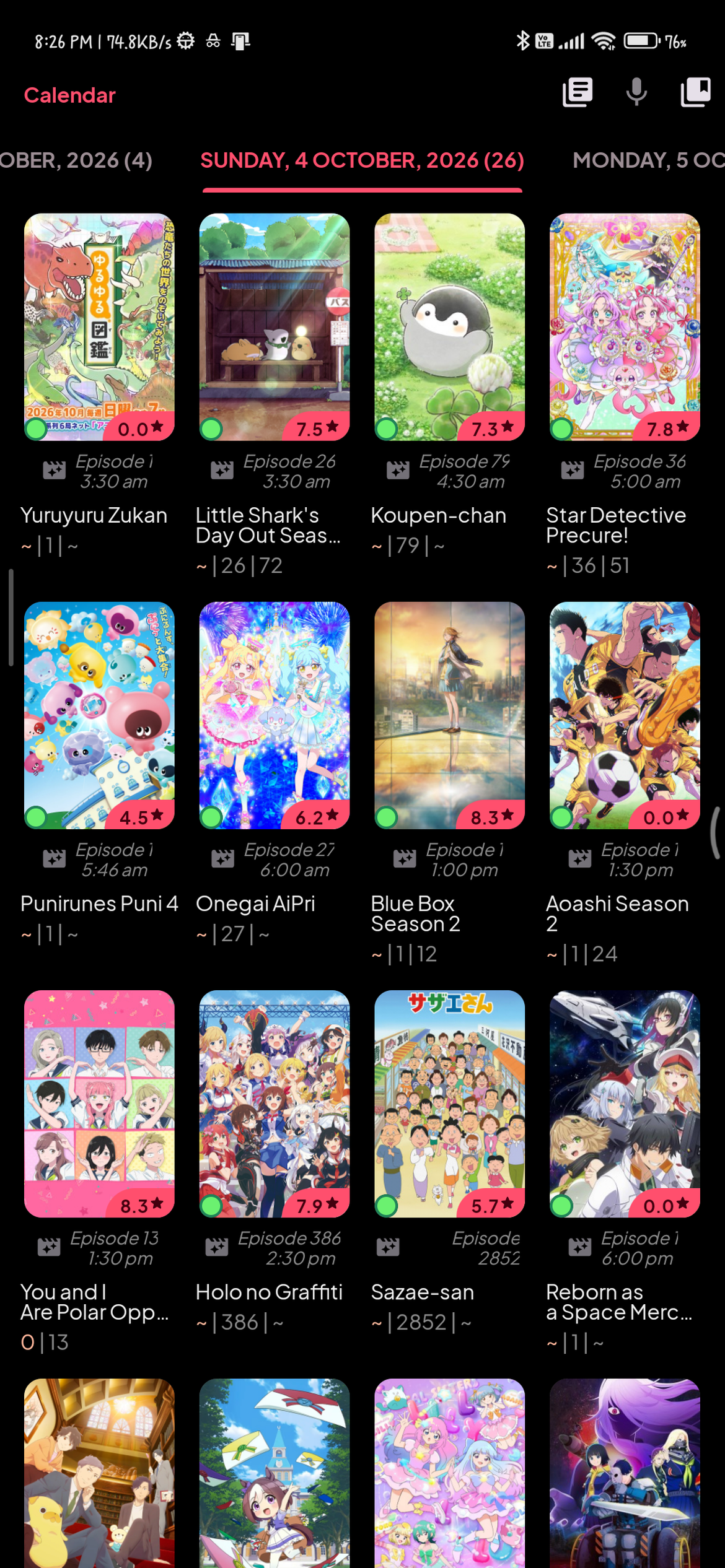 Airing calendar
