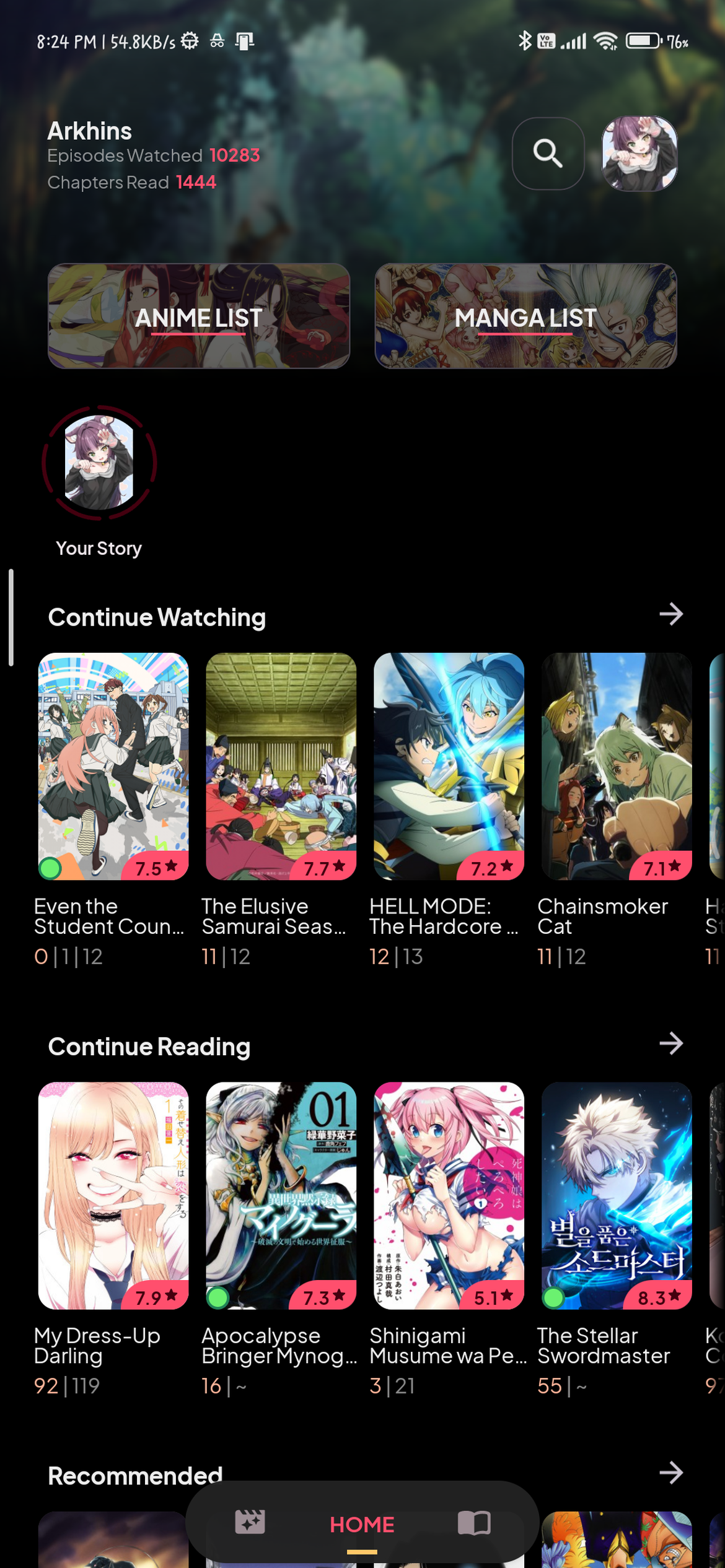Home: continue watching and reading