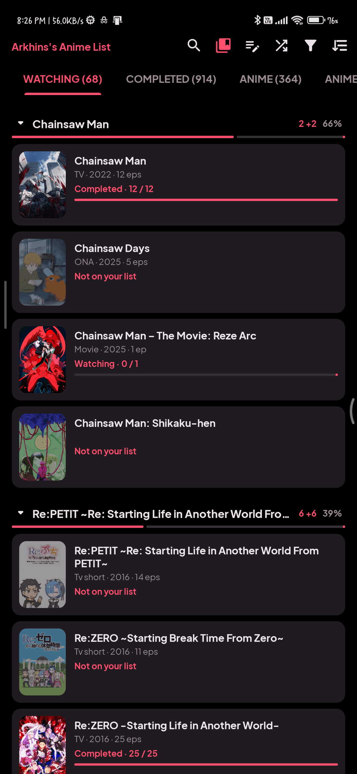 An anime list grouped by series, with progress per season
