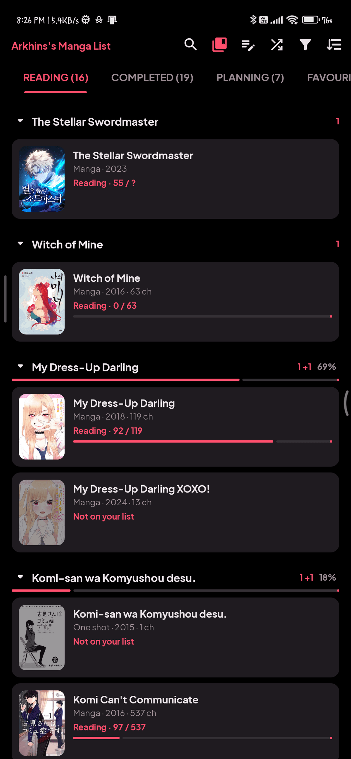 Manga list grouped by series, with titles not on the list
