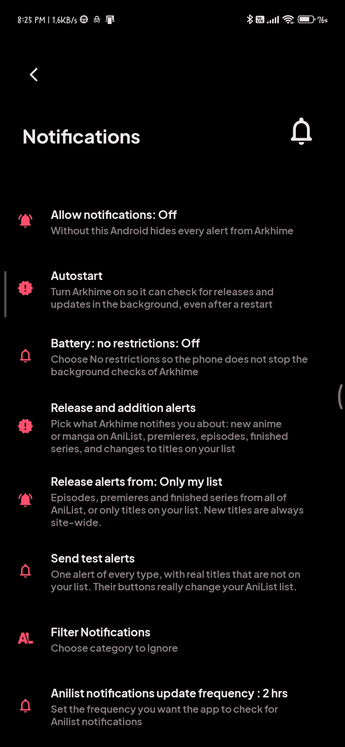 Notification settings: alerts, autostart and battery