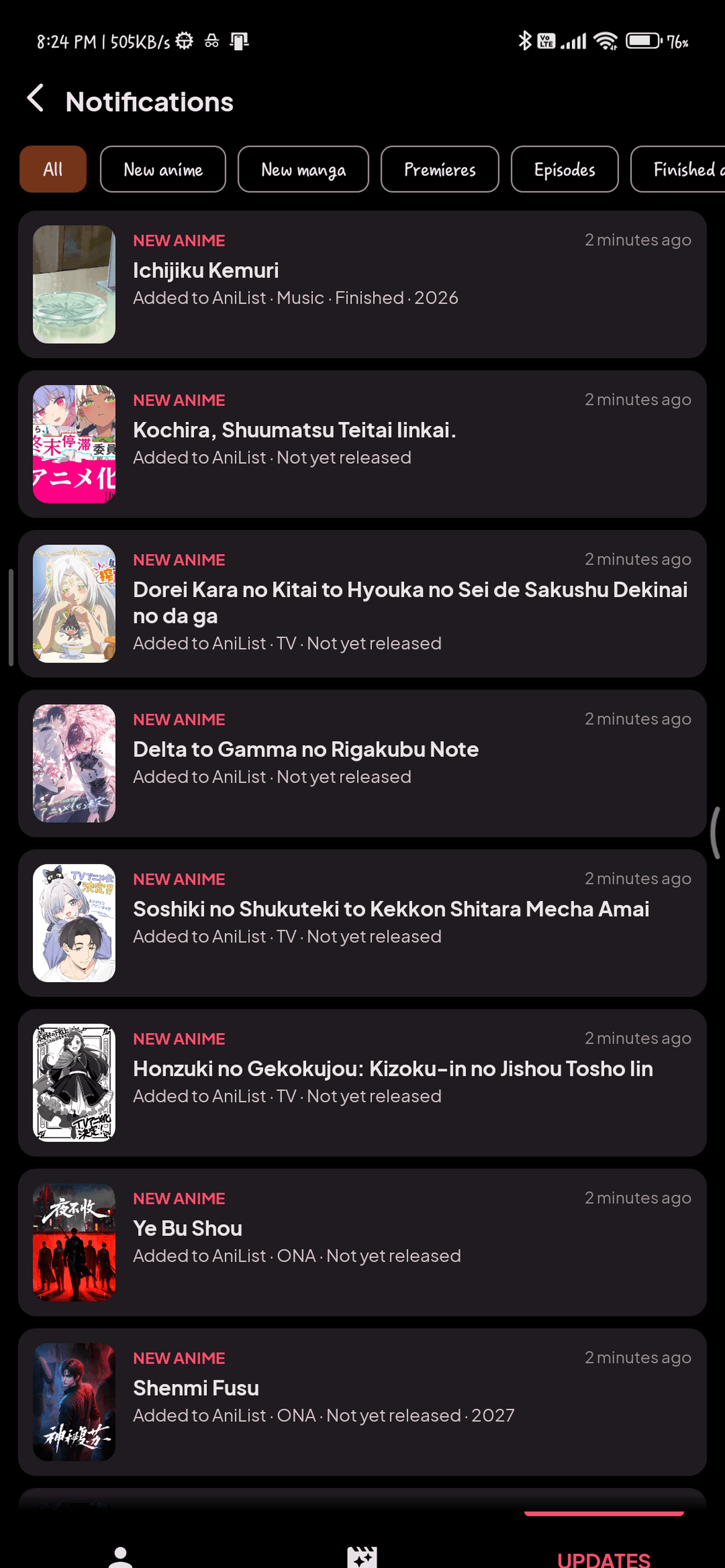 The Updates feed with its type filters