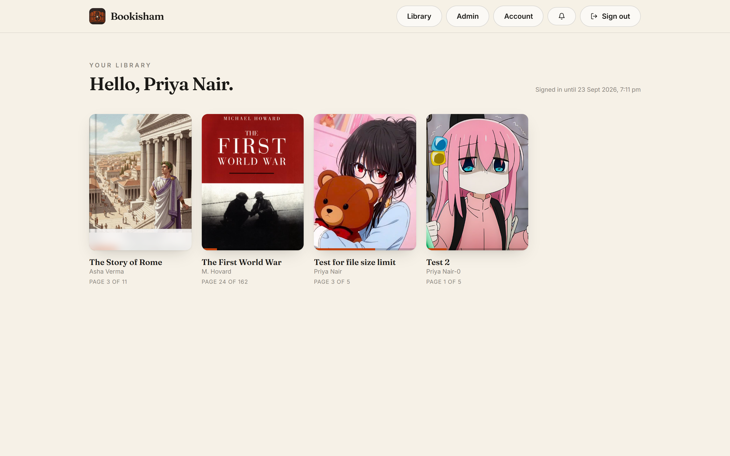 A reader's library with cover art and reading progress