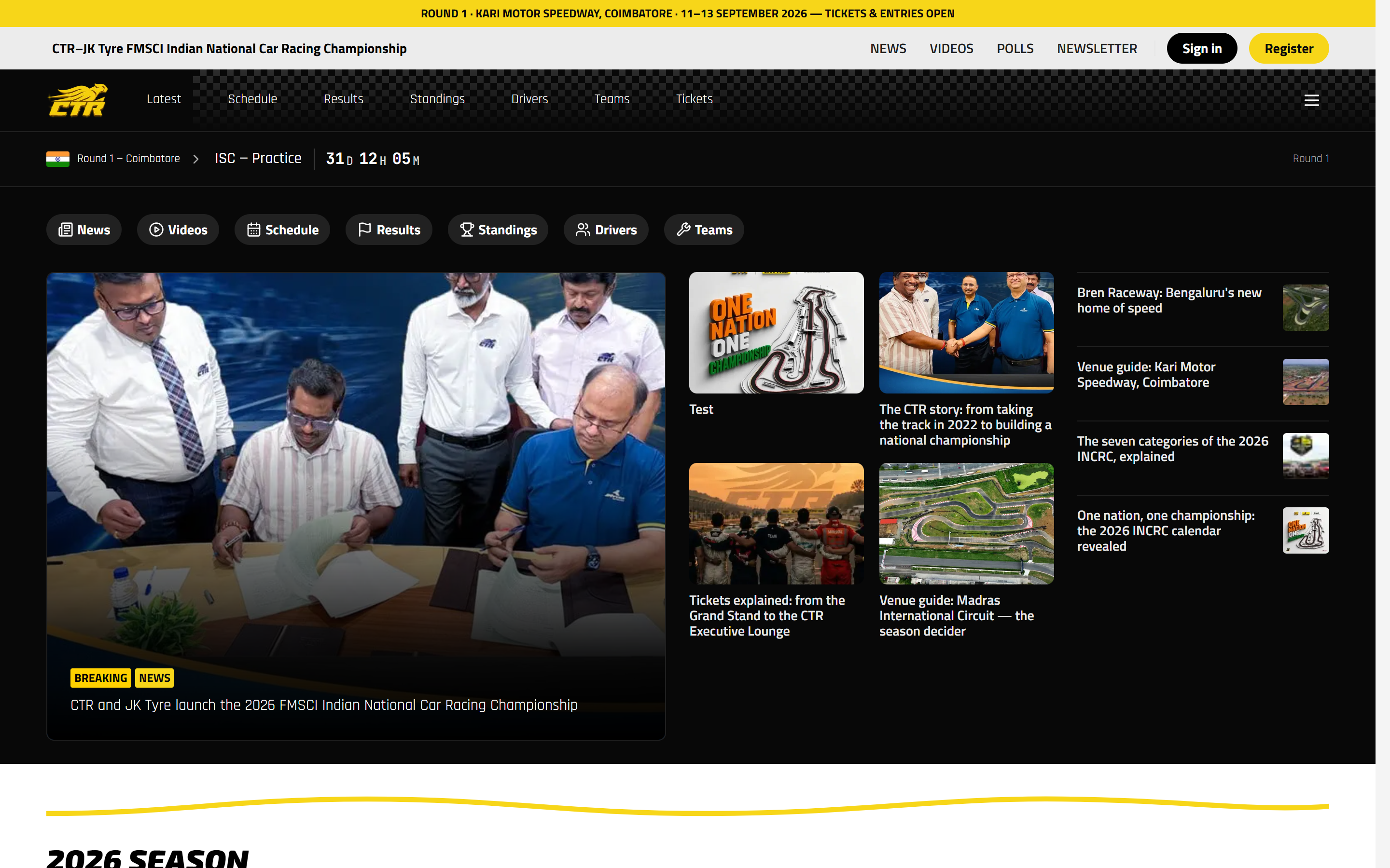 The ctrsports.in home page: a magazine lead story under the round ticker
